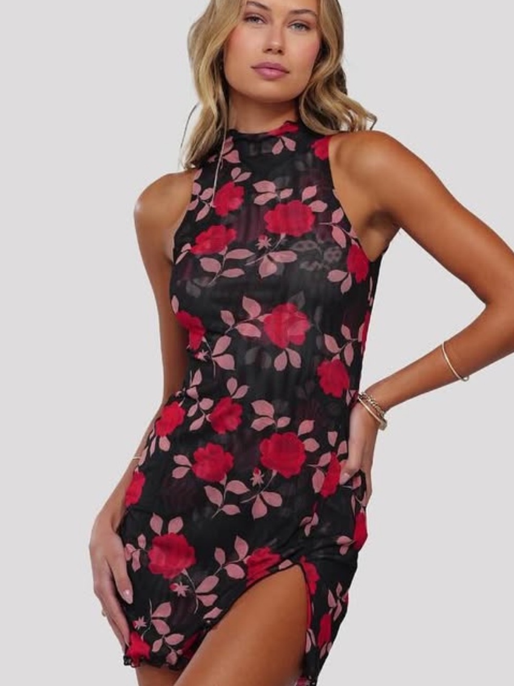 RESA Black Mini Dress with Red and Pink Floral Print
